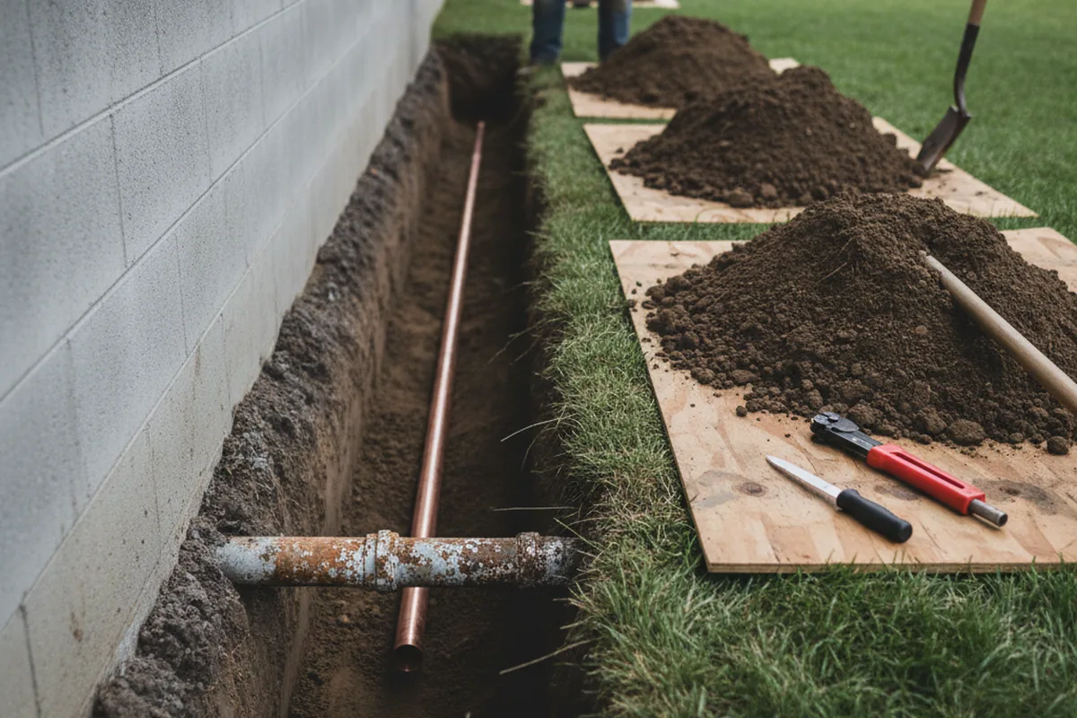 Excavated water line trench during Sewer Line Repair in Guilford